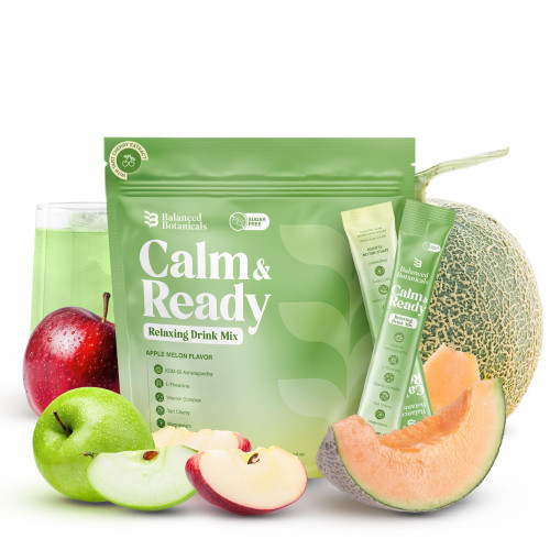 Balanced Botanicals Calm and Ready Powder Mix, Cortisol Reducer*, Sleep & Relaxation Aid, Magnesium Glycinate, Ashwagandha KSM-66, L-Theanine, Tart Cherry, Sugar Free, 20 Packets, Apple Melon