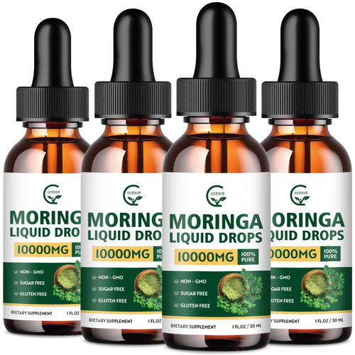 GORNVB (4 Pack) Organic Moringa Liquid Drops, Pure Moringa Leaf Extract Supplement with Black Pepper, Grape Seed Extract for Skin, Gut, Immune Support, More Potency Than Powder