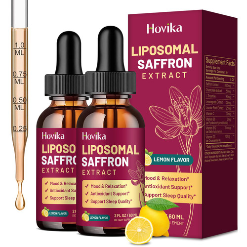 Hovika 2 Pack Liposomal Saffron Supplements - 88.5mg Saffron Extract Liquid Drops with L-Theanine, Chamomile, Vitamin C, B6, B12 & D3 - Lemon Flavor