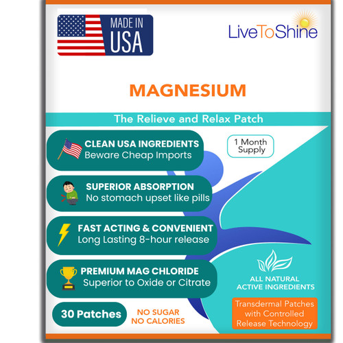 Magnesium Patches for Men and Women - Sleep Support & Relaxation, Muscle Recovery, Nerve Function - USA Made - 30 Premium Fast-Acting, Slow-Release Patches - Live To Shine