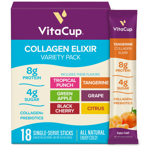 VitaCup Collagen Drink Mix Sticks Variety Pack, 6 Flavors, Grass-Fed Collagen for Skin, Hair, Nails & Joints, Hydration + Gut Support, Prebiotic Fiber & Electrolytes, No Artificial Sweeteners, 18 Ct
