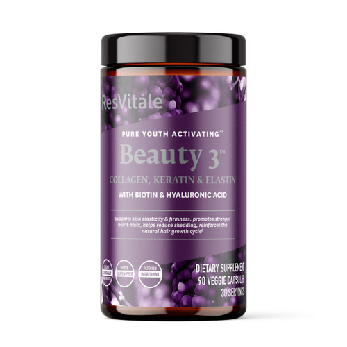 ResVitále Beauty 3 - Skin Care Supplement with Collagen, Keratin & Elastin - 90 Capsules