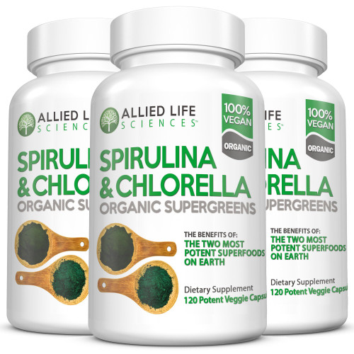 Allied Life Spirulina and Chlorella | Organic Chlorophyll Vegan Protein Powder Green Superfood Capsules | Natural Immune Support (3 Bottle Pack)