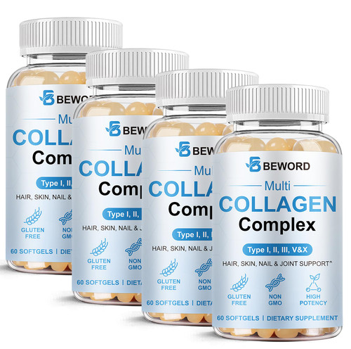 BEWORD Multi Collagen Softgels for Women & Men, 240 Capsules - Type I,II,III,V,X Hydrolyzed Collagen w/Vitamin C & Hyaluronic Acid - Supports Skin, Hair, Nails, Joints - Grass-Fed, Non-GMO,4 Pack