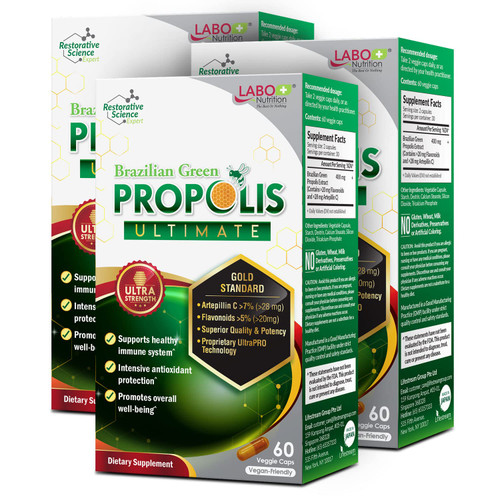 LABO Nutrition Brazilian Green Propolis Ultimate 3-Pack (60 Capsules Per Box) Bee Propolis 400mg Extract for Immune & Antioxidant Support, Sourced from Brazil, 180 Total Vegan Capsules, Made in Japan