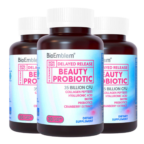 BioEmblem Beauty Probiotics for Women, 35 Billion CFU 14 Strains with Biotin, Collagen, Prebiotics for Digestive Health, Hair Skin and Nails, Vaginal Probiotics Supplement, Shelf Stable, 90 Caps