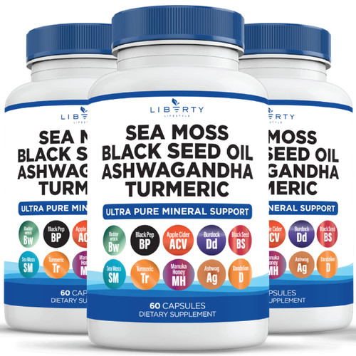 Liberty Lifestyle Sea Moss Black Seed Oil Ashwagandha Turmeric Bladderwrack Burdock - with Manuka, Honey Dandelion, ACV Black Pepper Gluten Free - 3-Pack