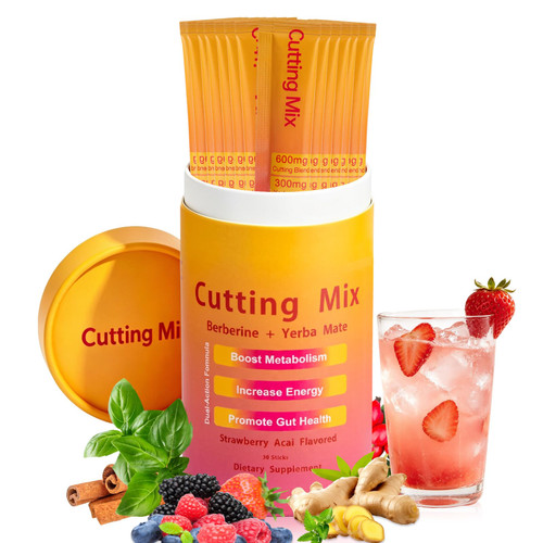 BOYAO Cutting Drink Mix | Supports Daily Energy & Gut Health, Contains Berberine, Yerba Mate and 5-HTP, Strawberry Açaí Flavor, 30 Sticks