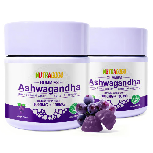 NUTRAGOGO Ashwagandha Gummies & Vitamin D3 Gummies Organic Aswangdha Supplement for Improve Sleep, Stress Relief & Mood Calm (Grape Berry,Non-GMO, Gluten-Free & Sugar Free)-2 Pack