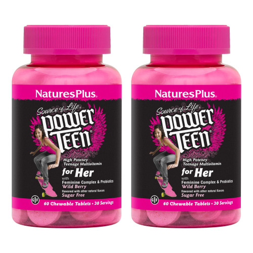 NaturesPlus Source of Life Power Teen for Her, Natural Berry - 60 Chewable Tablets, Pack of 2 - High Potency Multivitamin - Sugar Free, Vegan - 60 Total Servings