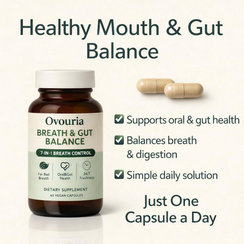 Ovouria Breath and Gut Balance, 7-in-1 Advanced Formula with Magnesium Citrate, Zinc Gluconate, Probiotic Blend, Fresh Breath, Chronic Halitosis & Gut Health, 60 Capsules