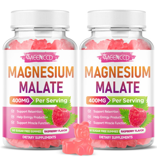 2 Pack Magnesium Malate Gummies, Magnesium 400 mg, Magnesium Mineral Supplements for Energy Production & Muscle Health, Gluten-Free, Sugar-Free, Raspberry Flavor, 120 Count
