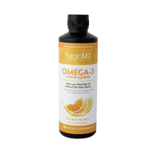 BRAINMD Dr Amen Omega-3 Power Squeeze, Citrus Blast - 16.8 oz - Fish Oil - Supports Cardiovascular, Brain & Immune System Health - Gluten Free - 30 Servings