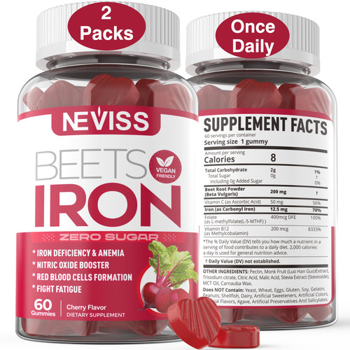 Sugar Free Iron Gummies Supplement for Women, with 200mg Beet Root, Methyl B12, Folate, Vitamin C - Increase Iron Levels, Energy Support, Fight Fatigue, Vegan & Gentle Iron Supplement, 120 Count
