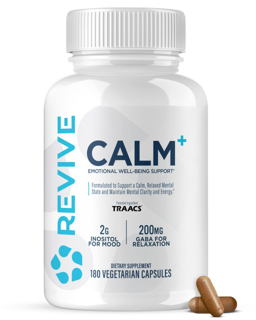 Revive MD Calm, Emotional Well-Being Support Supplement - Stress Management for Men & Women - Mood Enhancement Supplement Promotes Relaxation with L-Theanine, GABA & 5-HTP (180 Capsules, 30 Servings)
