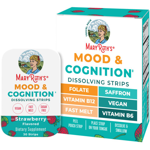 Mood & Cognition Dissolving Strips by MaryRuth's | Vitamin B12 | Vitamin B6 | Saffron | Folate | B Vitamins | Sugar Free | Strawberry Flavor | Vegan | Gluten Free | Dairy Free | 30 Count