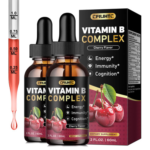 CFILIHTC (2 Pack) Vitamin B Complex Liquid Drops, B Vitamins Complex Supplement with B1, B2, B3, B5 B6, B7, B9 & Methyl B12 Drops for Adults & Kids, Vegan, Cherry Flavor