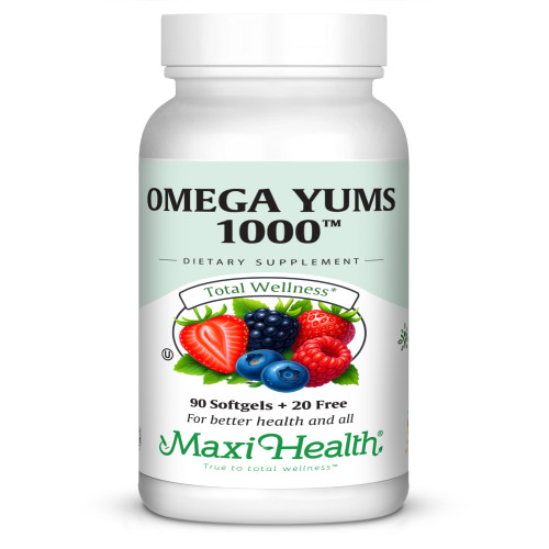Maxi Health Omega Yums 1000 - Kid Friendly - Fruity Burst Flavor - 110 Softgel Capsules - Kosher