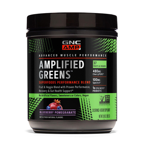 GNC AMP Amplified Greens Superfoods Performance Blend - Vegan Athlete Superfood Drink - Blueberry Pomegranate - 9.9 Oz (30 Servings)