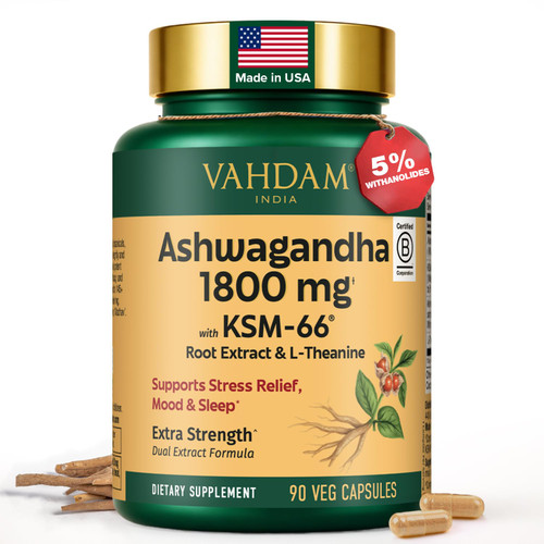 VAHDAM Ashwagandha Supplement 1800mg with Ashwagandha Root Extract and L-Theanine | Support Stress Relief, Mood and Sleep | 90 Capsules