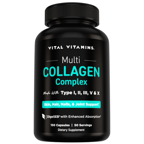Vital Vitamins Multi Collagen Peptides Capsules for Women & Men - Type I, II, III, V, X Collagen Supplements - Grass-Fed, Non-GMO - 150 Pills