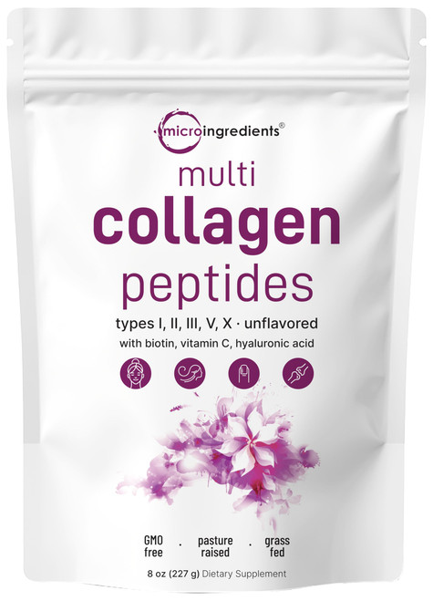 Micro Ingredients Multi Collagen Peptides Powder, 8oz (20 Servings) – Hydrolyzed Type I,II,III,V,X with Biotin, Hyaluronic Acid, Vitamin C – Unflavored Collagen for Women & Men, Easy Dissolve