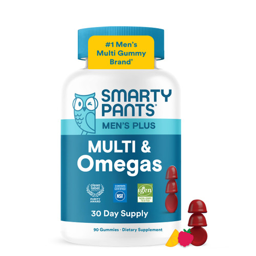 SmartyPants Men's Multivitamin Gummies with Omega 3 DHA/EPA, Methylfolate, Vitamin D3, C, B12, B6, A, K, Zinc, Raspberry Lemonade Flavor, 90 Count (30 Day Supply)