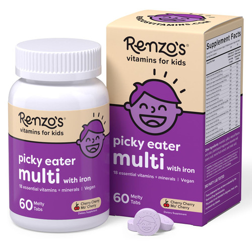 Renzo's Picky Eater Kids Multivitamin with Iron - Dissolvable Kids Vitamins with Iron, Zinc, Vitamin C, Vitamin D, E & K, Sugar-Free Melty Tabs, Cherry Flavor, 60-Count (1-2 Month Supply)