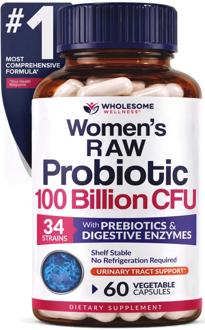 Wholesome Wellness Dr. Formulated Raw Probiotics for Women 100 Billion CFUs Capsules with Prebiotics, Digestive Enzymes, Approved for Adults, Shelf Stable Supplement