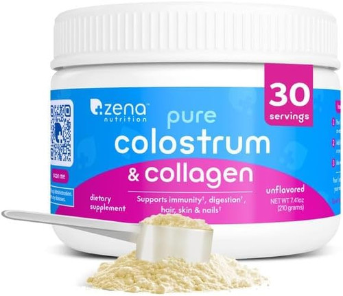 Zena Nutrition Pure Bovine Colostrum & Collagen Powder Supplement for Gut Health, Immune Support, Digestion, Hair, Skin & Nails, Unflavored, Gluten & Sugar Free, 30 Servings