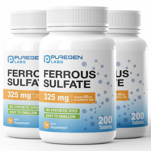 Puregen Labs Ferrous Sulfate 325 mg (65 mg Elemental Iron) High Potency Iron Supplement | No Artificial Color Additives - 600 Tablets