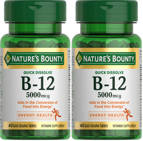 Nature's Bounty Vitamin B12, Supports Energy Metabolism and Nervous System Health, 5000mcg, 40 Quick Dissolve Tablets (Pack of 2)
