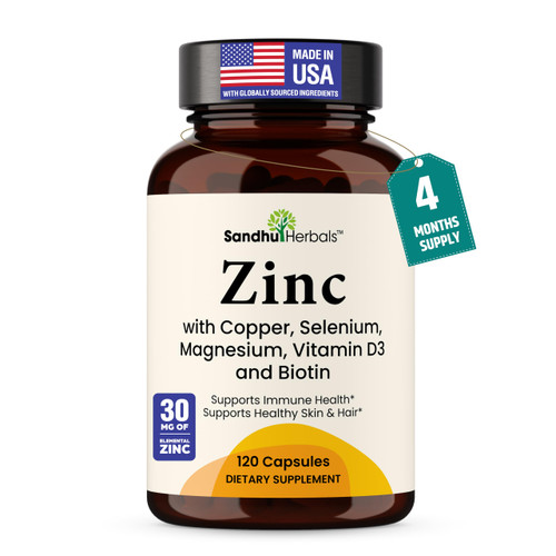 Zinc 30mg with Copper, Selenium & Vitamin D3 | 120 Capsules | Magnesium, Vitamin B6, Biotin Complex | Absorbable Chelated Zink Supplements for Men & Women | for Hair, Skin, Nails & Immune Support