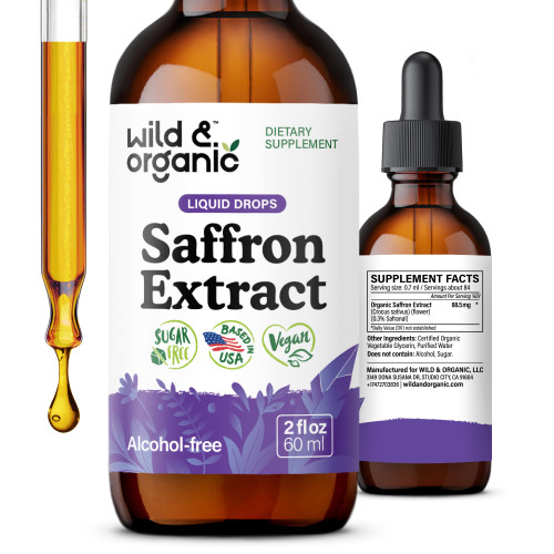Wild & Organic Saffron Supplements 88.5 mg - Mood, Brain & Vision Support - Liquid Saffron Drops - Add to Tea - Crocus Sativus Herb Extract - Vegan, Sugar & Alcohol-Free Tincture - 2 fl oz