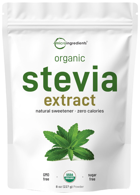 Micro Ingredients Pure Organic Stevia Powder, 8 Ounces, 1418 Serving, Highest Grade Green Leaf Extract Reb-A, Reduced Bitter Aftertaste, 0 Calorie, Natural Sweetener, Sugar Alternative, Keto Friendly