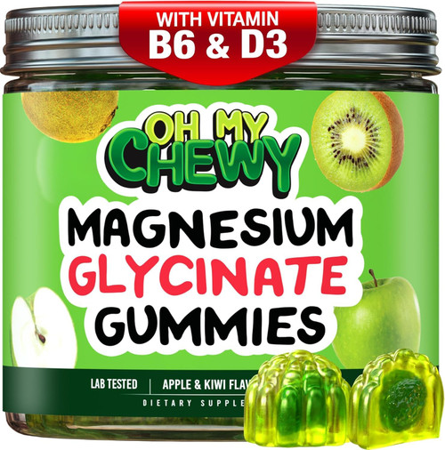 OH MY CHEWY Magnesium Glycinate Gummies Supplement - Support for Sleep, Calm, Relax - High Absorption for Kids, Teens & Adults with B6 & D3 - Gluten Free & Vegan Friendly