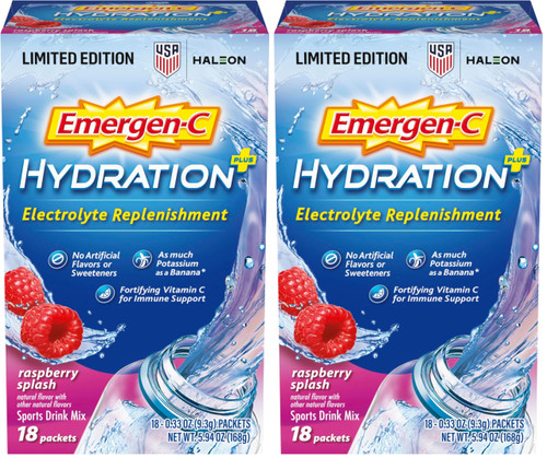 Emergen-C Hydration+ Sports Electrolyte Replacement Sports Drink Mix Powder with Vitamin C, Raspberry Splash Flavor, Back to School Essentials - 18-0.33 oz On The Go Packets (Pack of 36)
