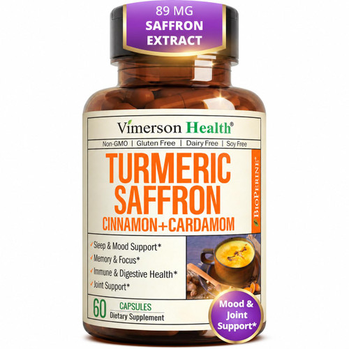 Saffron Supplements with Turmeric Curcumin, Saffron Extract (89mg), Ceylon Cinnamon, and Cardamom for Women and Men – Turmeric Supplement for Daily Inflammation, Mood & Joint Support – 60 Capsules