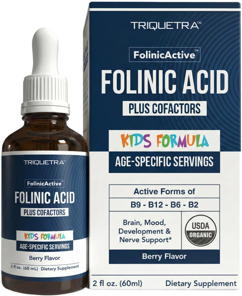 Organic FolinicActive Kids - Folinic Acid + B12, B6 & B2 Cofactors - Gentle Methylation Support for Mood, Energy & Cognition, Age Adjustable Dosing for Kids 1-18, Non GMO, Vegan, Berry Flavor (60mL)