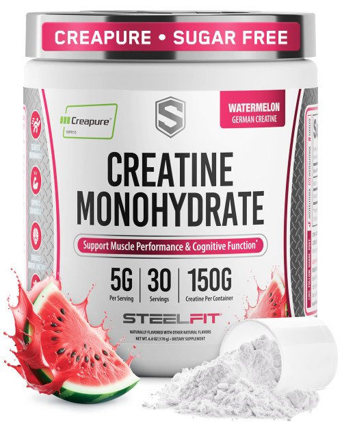 SteelFit Creapure Pure Creatine Monohydrate Powder for Men & Women, Watermelon - Flavored Creatine Gym Workout Supplements for Lean Muscle Gain, Brain Health & Strength Building - 30 Servings