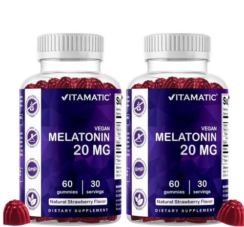 Vitamatic Melatonin 20 mg Gummies, Vegan, Strawberry, 60 Count - 2 Pack