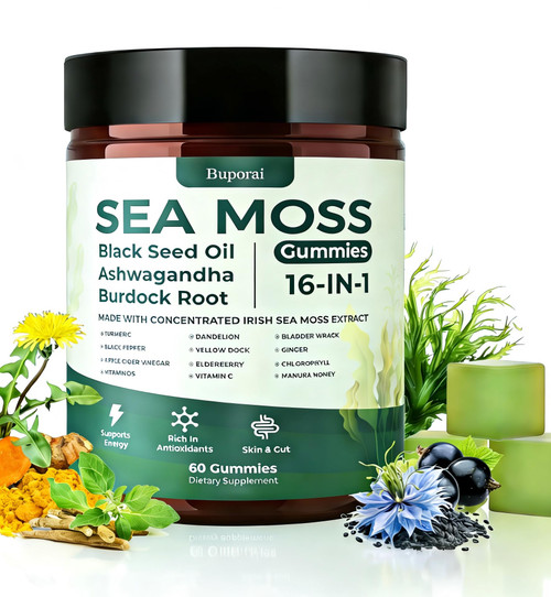 Buporai Sea Moss Gummies 16-1, Black Seed Oil Ashwagandha Turmeric Bladder Wrack Vitamin C Vitamin D3 Elderberry Manuka Dandelion Yellow Dock Apple Cider Vinegar for Men & Women