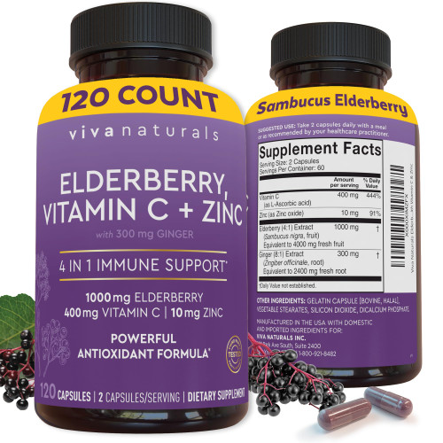 Viva Naturals Elderberry with Vitamin C and Zinc, 120 Capsules - 1000mg Sambucus Elderberry per Serving Immune Support Supplement, Black Elderberry Capsules for Adults, Elderberry Vitamins