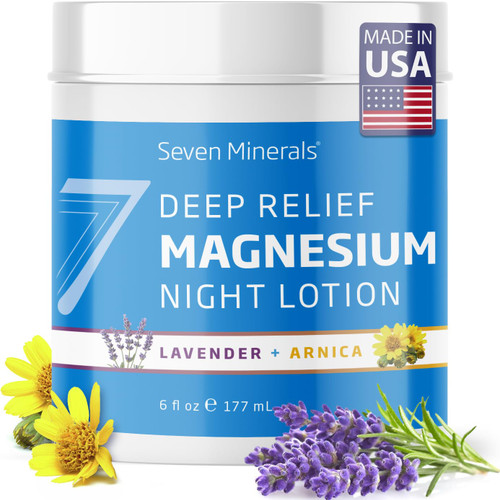 Seven Minerals Deep Relief Magnesium Night Lotion - Lavender + Arnica Cream for Deep Sleep & Muscle Relief - Calms Legs, Soothes Sore Back, Neck & Shoulders - USP Grade, Made in USA, 6 Fl Oz