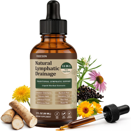 Natural Lymphatic Drainage 11-in-1 Herbal Liquid Supplement with Cleavers, Elderberry, Echinacea, Dandelion, Calendula & Burdock, Supports Lymphatic Health, Detox & Daily Wellness - 90 Day Supply