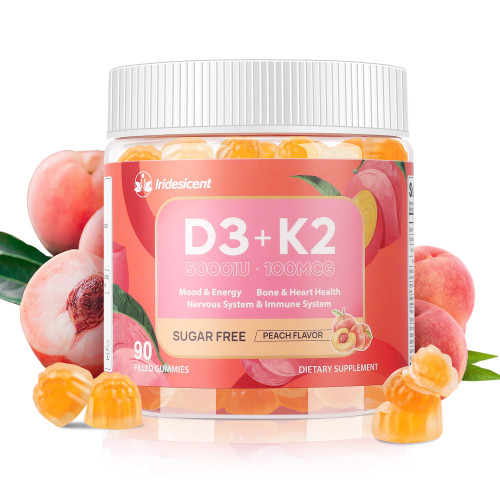 IRIDESICENT Vitamin D3 K2 Gummies Sugar Free - 90 Count | 5,000 IU Vitamin D3 + 100 mcg K2 (MK-7) | Vegan D3 K2 Supplement for Bone & Immune Health Support, Peach Flavor