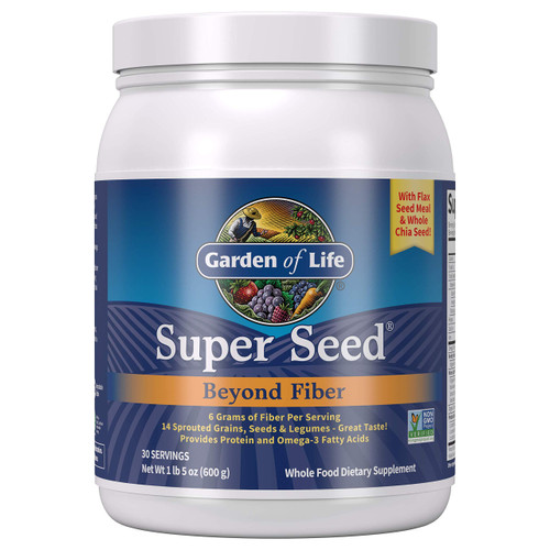 Garden of Life Super Seed Unflavored Fiber Powder, Whole Food Fiber Dietary Supplement with Protein and Omega 3, Vegetarian, 600g Powder