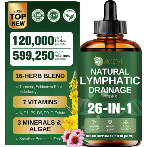 Migcopat 26-in-1 Liposomal Lymphatic Drainage Drops, Echinacea, Turmeric, Elderberry, Dandelion and Vitamins, Lymphatic, Immune Support, Liver Cleanse Detox & Repair, 2 fl oz