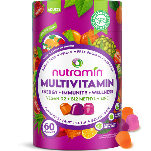 NUTRAMIN Daily Vegan Keto Multivitamin Gummies Non-GMO Natural Vitamin C D + Zinc for Immunity, Plant-Based, Sugar-Free, Nut-Free, Gluten-Free, Biotin, Vitamin A, B, B6, B12 60 Ct, 30 Days (60 Count)