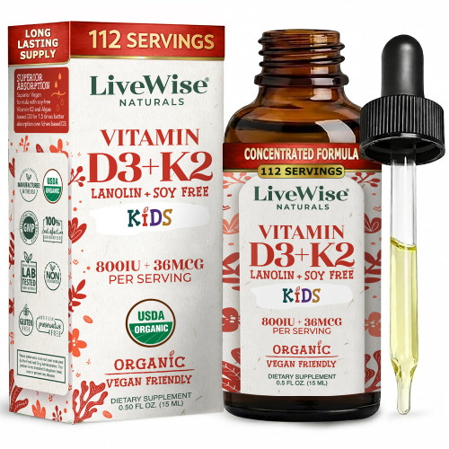Live Wise Naturals Vitamin D3 K2 Kids Liquid Drops, 112 Servings